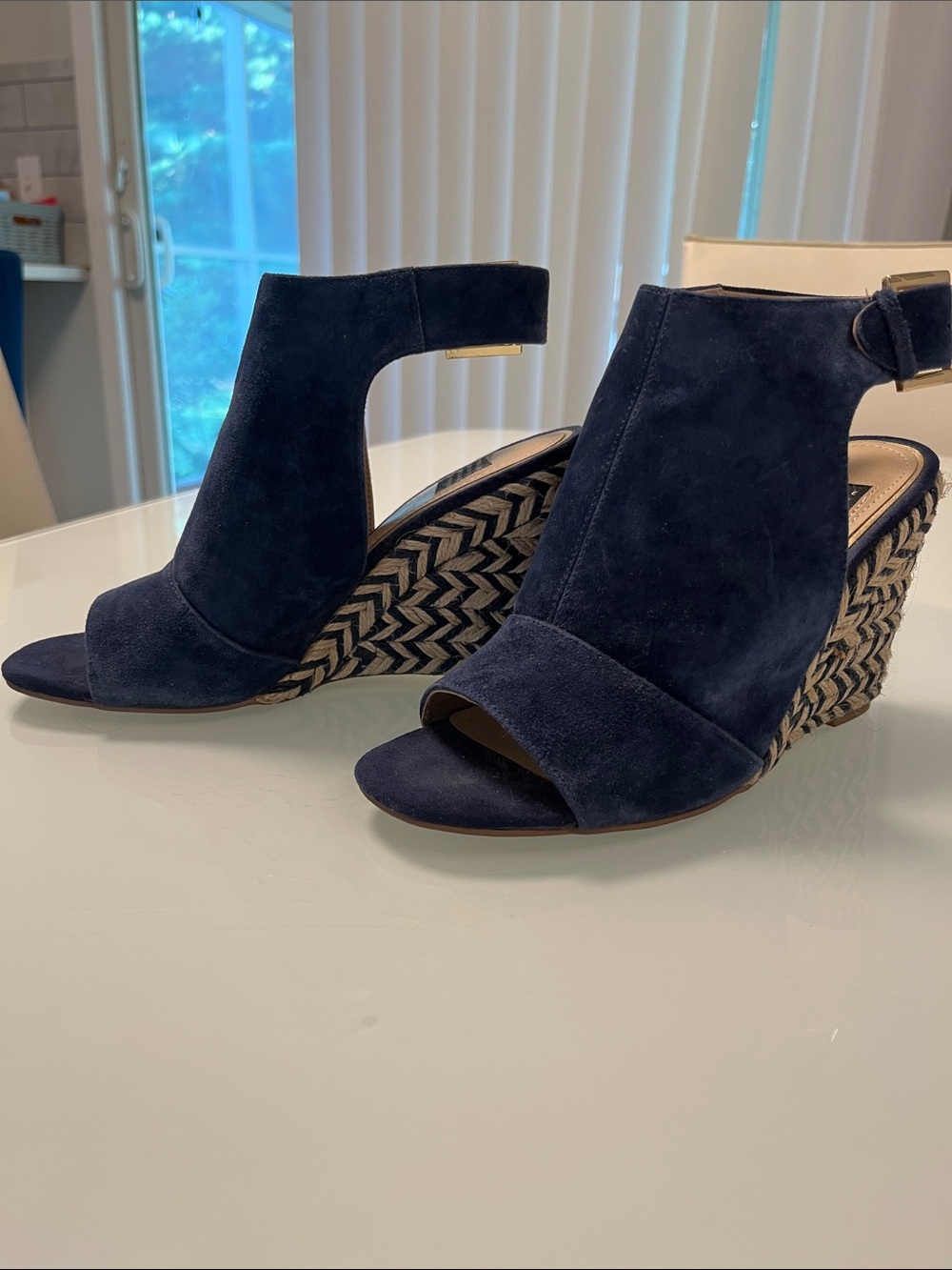 White House Black Market Navy Suede Peep-Toe Wedge Sandals